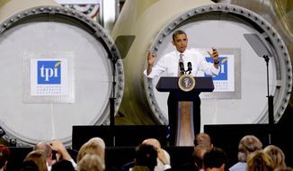 President Obama speaks at the TPI Composites Factory, which manufactures wind-turbine blades, in Newton, Iowa, on Thursday. It is Mr. Obama&#39;s second visit as president to Newton, a city of about 15,000 east of Des Moines. (Associated Press)