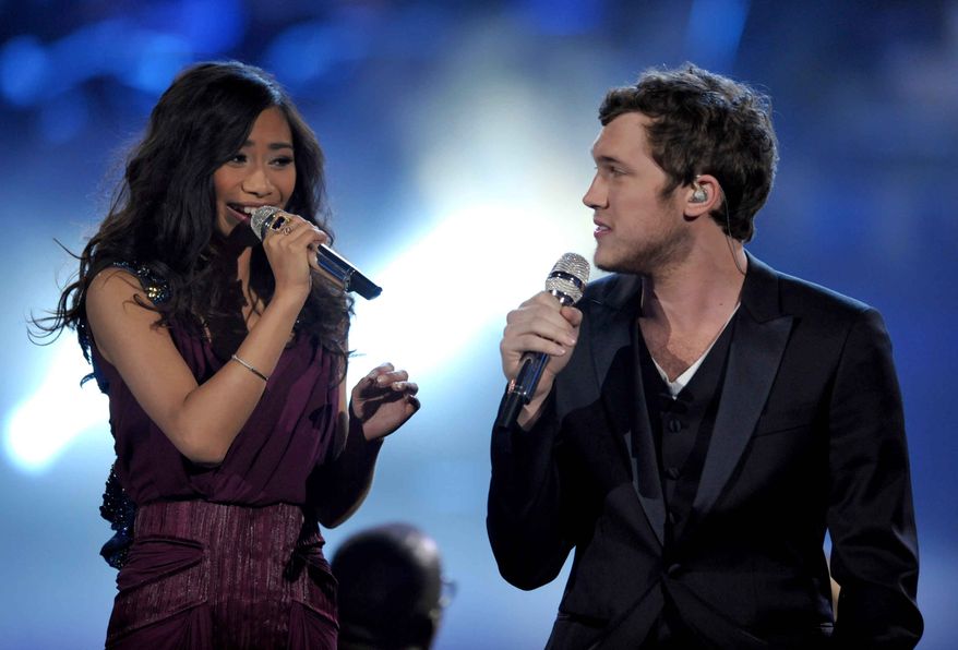 Runner-up Jessica Sanchez, left, and "American Idol" winner Phillip Phillips perform onstage at the show's finale on Wednesday, May 23, 2012 in Los Angeles. (Photo by John Shearer/Invision/AP)