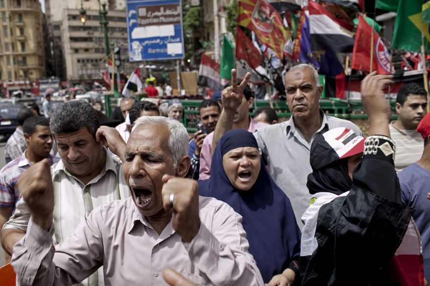 Egyptian demonstrators gather May 25, 2012, in Cairo's Tahrir Square to denounce the electoral success of presidential candidate Ahmed Shafiq. (Associated Press)