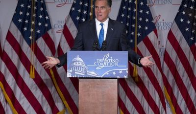 Republican presidential candidate Mitt Romney speaks at the Latino Coalition&#39;s annual economic summit at the U.S. Chamber of Commerce in Washington on Wednesday, May 23, 2012. (AP Photo/Evan Vucci)