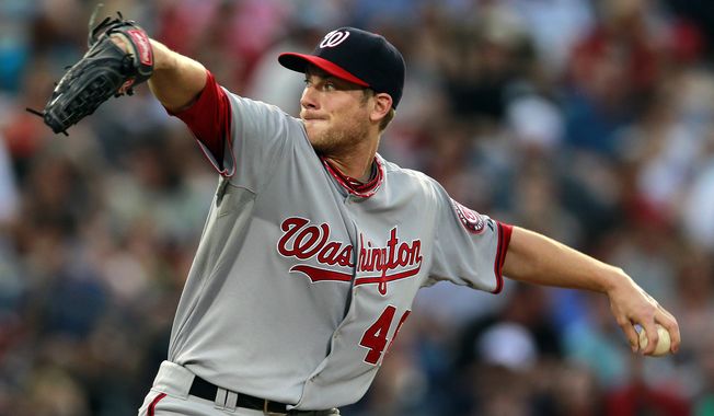Washington Nationals starting pitcher Ross Detwiler (48) works in the first inning of baseball game against the Atlanta Braves Friday, May 25, 2012 in Atlanta. (AP Photo/John Bazemore)