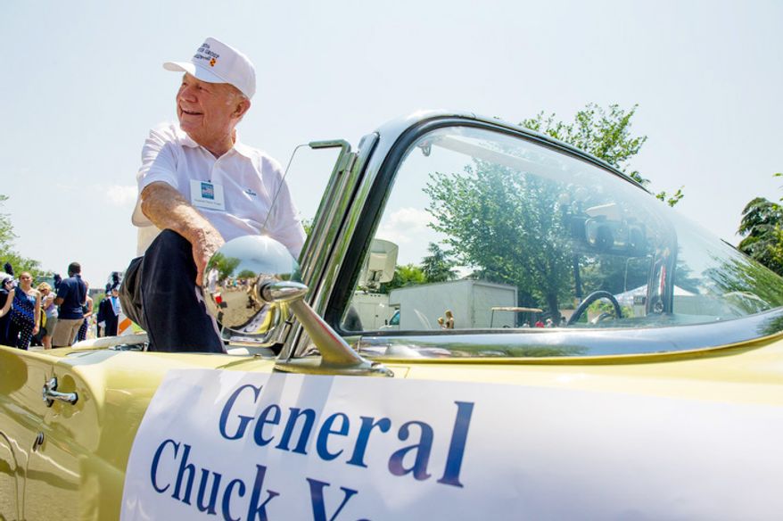 Test pilot and Retired Maj. Gen. Chuck Yeager takes his place towards the front of the Memorial Day Parade. (Andrew Harnik/The Washington Times)