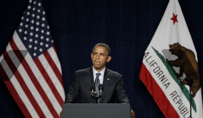 President Obama speaks May 23, 2012, at the Fox Theater in Redwood City, Calif. (Associated Press)