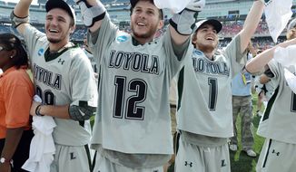 Loyola players (from left) T.J. Harris, Eric Lusby and Michael Bonitatibus celebrated the school&#39;s first lacrosse championship after beating Maryland 9-3 on Monday. Lusby, who scored a tournament-record 17 goals, won&#39;t be back next season.