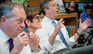 From left, New Haven Mayor John DeStefano, Rep. Rosa L. DeLauro and Education Secretary Arne Duncan participate in a roundtable discussion on education reform at Jepson School in New Haven, Conn., on Tuesday. (Associated Press)