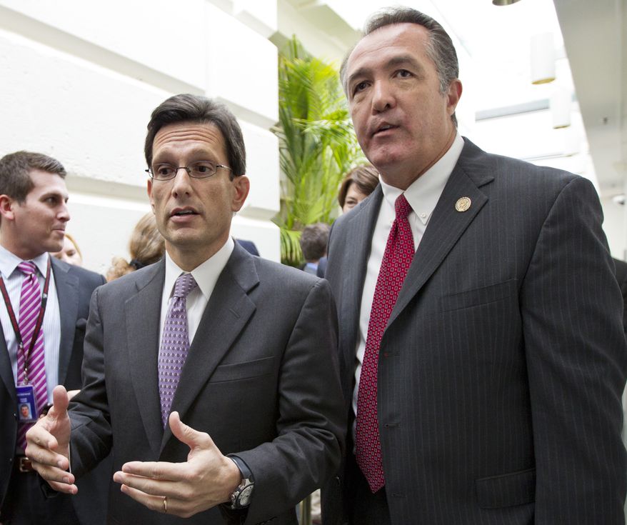FILE -- In this file photo from May 8, 2012, Rep. Trent Franks, R-Ariz., right, walks with House Majority Leader Eric Cantor, R-Va., left, following a weekly House GOP strategy session, at the Capitol in Washington, Tuesday, May 8, 2012. Franks has authored a bill, the District of Columbia Pain-Capable Unborn Child Protection Act, that would prohibit all D.C. abortions beyond 20 weeks except to save the life of the mother, based on the much-debated idea that fetuses beyond that point are capable of feeling pain. (AP Photo/J. Scott Applewhite, file)