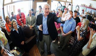 Democratic gubernatorial candidate Tom Barrett fires up the crowd on Tuesday, May 29, 2012, during a campaign stop in Wisconsin Rapids, Wis. (Associated Press)