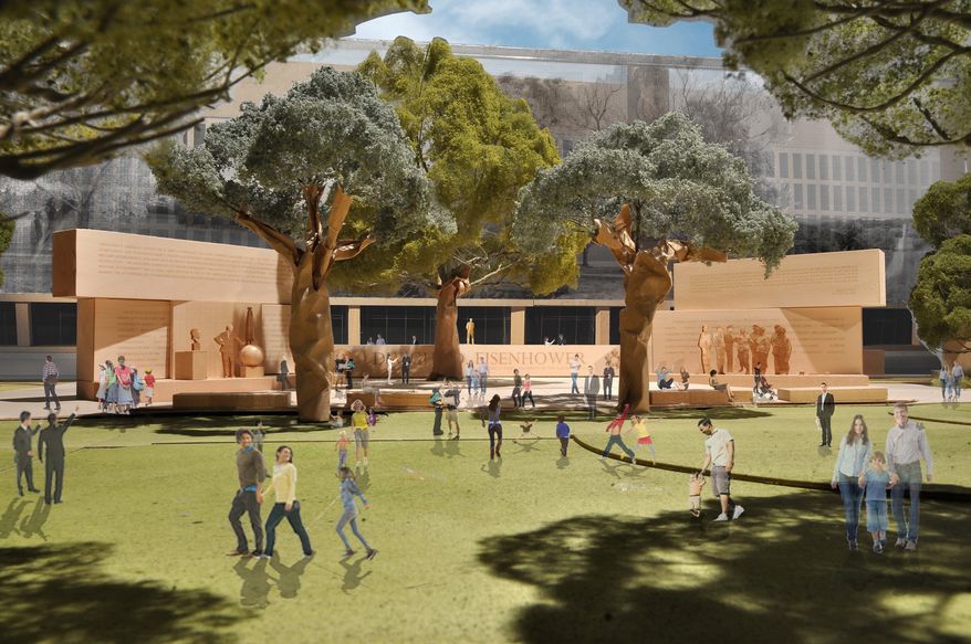 This model image, provided by the Eisenhower Memorial Commission, depicts the proposed Dwight D. Eisenhower Memorial to be built on the Mall. The family of Eisenhower, the 34th president, still objects to elements of its design. (Associated Press)