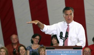 ** FILE ** Republican presidential candidate and former Massachusetts Gov. Mitt Romney speaks May 29, 2012, during a campaign event at the Somers Furniture warehouse in Las Vegas. (Associated Press)