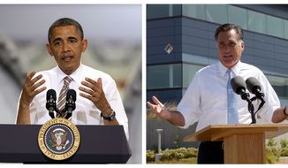 This combination of Associated Press photos shows President Obama speaking May 24, 2012, at the TPI Composites Factory, a manufacturer of wind turbine blades, in Newton, Iowa, and Republican presidential candidate Mitt Romney speaking May 31, 2012, at the Solyndra manufacturing facility in Fremont, Calif. (Associated Press)