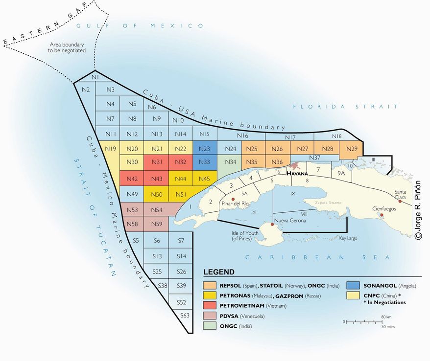 This illustration provided by Jorge R. Pinon, a former president of Amoco Oil Latin America who is now at the University of Texas at Austin, shows where different oil companies hold the rights to drill in various offshore blocks in Cuban waters in the Gulf of Mexico. An initial well drilled by Spanish oil giant Repsol came up dry, so the stakes for Cuba are high that oil be found soon.