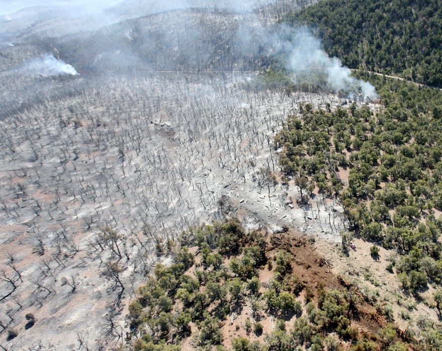 The crash scene of a heavy air tanker is seen from the air on Monday near Hamblin Valley in Utah. The tanker crashed Sunday afternoon as it dropped retardant on a 5,000-acre wildfire, killing pilots Todd Neal Tompkins and Ronnie Edwin Chambless. (The Deseret News via Associated Press)