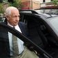 **FILE** Jerry Sandusky gets into his attorney Joe Amendola&#39;s car May 29, 2012, near the Centre County Courthouse Annex in Bellefonte, Pa., following a closed-door meeting with the judge in his child sexual abuse case. (Associated Press/Centre Daily Times)