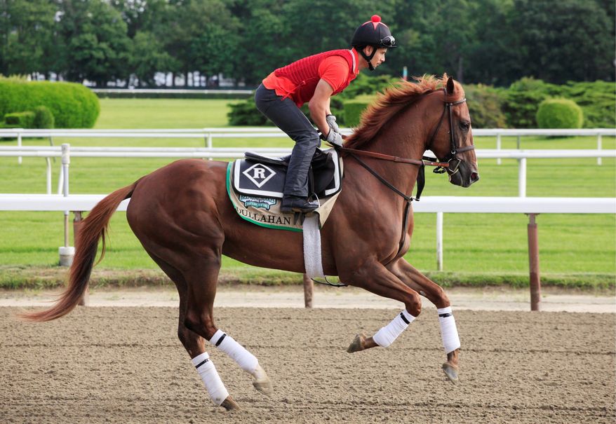 Dullahan, with exercise rider Faustino Aguilar up, works on the track at Belmont Park in Elmont, N.Y., Tuesday, June 5, 2012. Dullahan is entered in Saturday's Belmont Stakes horse race. (AP Photo/Mark Lennihan)