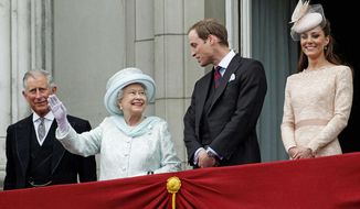 From left Britain&#39;s Prince Charles Queen Elizabeth, Prince William, and  his wife Kate Duchess of Cambridge, stand on the balcony at Buckingham Palace during the Diamond Jubilee celebrations in central London Tuesday June 5, 2012.  (AP Photo/Stefan Wermuth, Pool) 