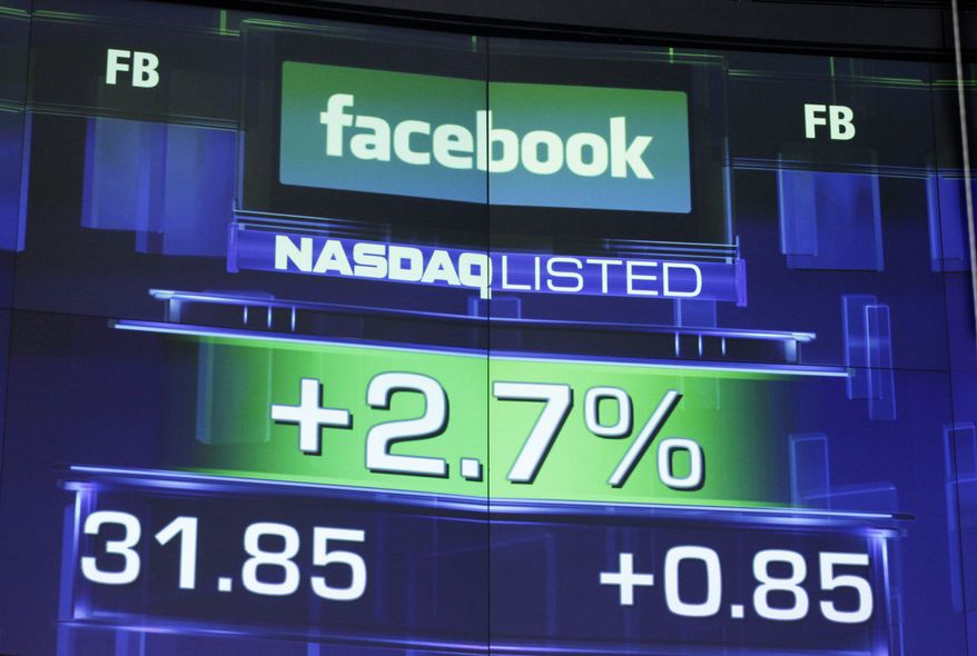 **FILE** The pre-market price for Facebook is seen May 23, 2012, at the Nasdaq MarketSite in New York. (Associated Press)