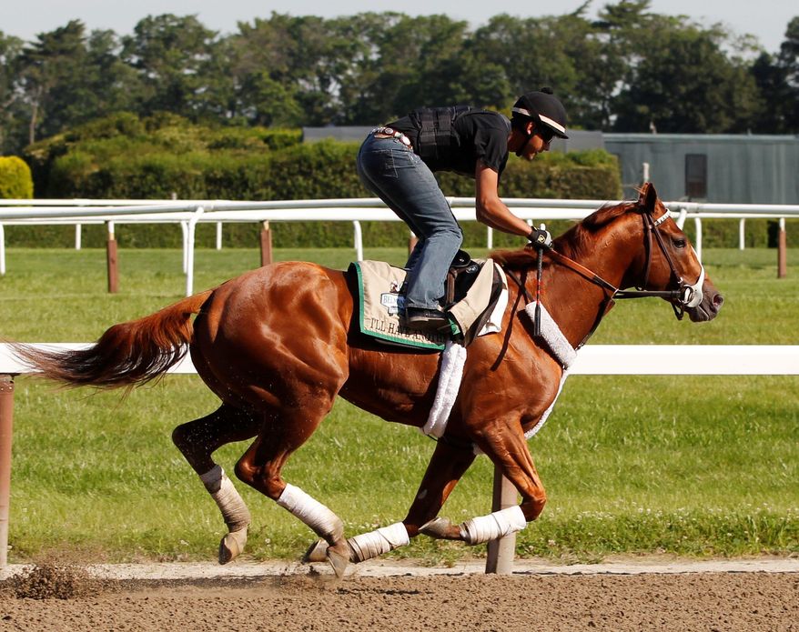 Exercise rider Jonny Garcia trains I'll Have Another at Belmont Park in Elmont, N.Y., on Thursday. The winner of the Kentucky Derby and Preakness will attempt to become the 12th winner of the Triple Crown with a victory in the Belmont Stakes on Saturday. Affirmed was the last horse to win the Triple Crown in 1978. (Associated Press)