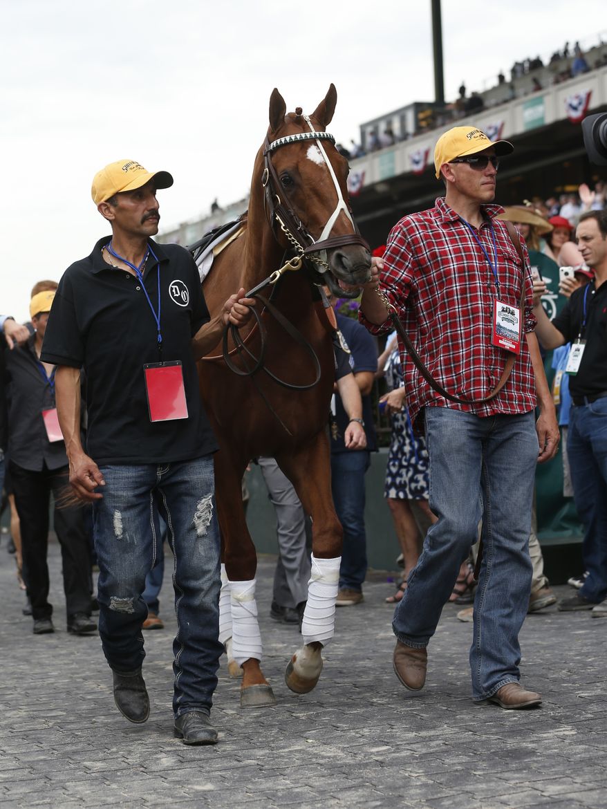 I'll Have Another is led to the winner's circle by groom Ignocenzio Diaz and Benjamin Perez for a retirement ceremony at Belmont Park in Elmont, N.Y., on Saturday, June 9, 2012. (AP Photo/Mike Groll)
