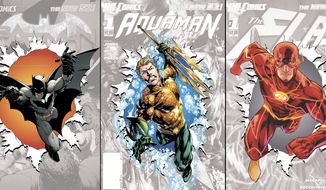 This combo made from images provided by DC Entertainment show covers of the publisher&#x27;s zero issues of, from left, &quot;Batman,&quot; &quot;Aquaman,&quot; and &quot;The Flash.&quot; In September, DC Entertainment will publish a zero issue for its 52 titles, a move that co-publishers Jim Lee and Dan DiDio said this week will help explain the origins and effects of its rebooted characters a year after it erased decades of history and continuity to start everything from scratch. (AP Photo/DC Entertainment)