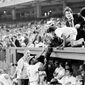 In this Sept. 30, 1971 file photo,  Washington Senator fans lean over the dugout to shake hands with Washington&#39;s Dave Nelson (15) before fans storm the field in the ninth inning of the Washington Senators farewell appearance at RFK Stadium.  (AP Photo/File) **FILE**