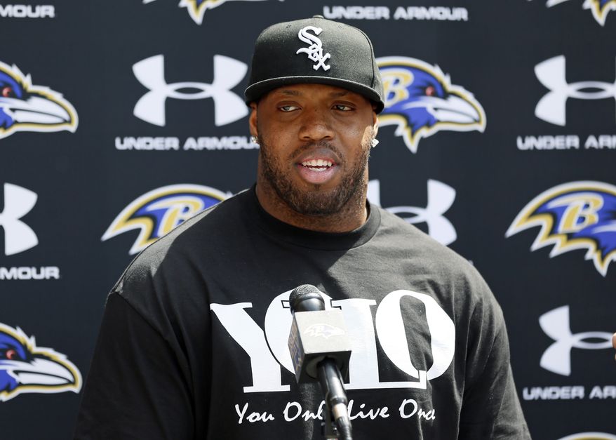 Baltimore Ravens linebacker Terrell Suggs speaks at a news conference at the team's practice facility in Owings Mills, Md., on Thursday, June 14, 2012. The AP NFL Defensive Player of the Year in 2011 is recovering from a torn Achilles tendon and hopes to return in time for next season. (AP Photo/Patrick Semansky)