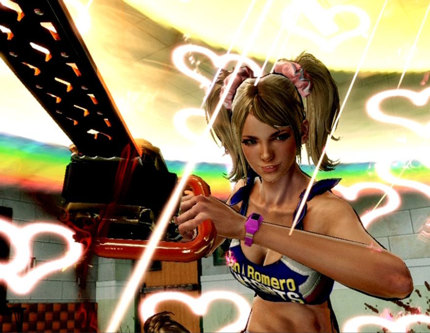 Juliet Starling cuts up zombies in the most colorful ways possible in the video game Lollipop Chainsaw.