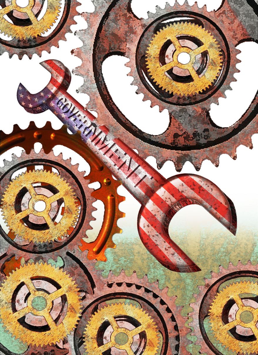 Illustration Government Wrench by Alexander Hunter for The Washington Times