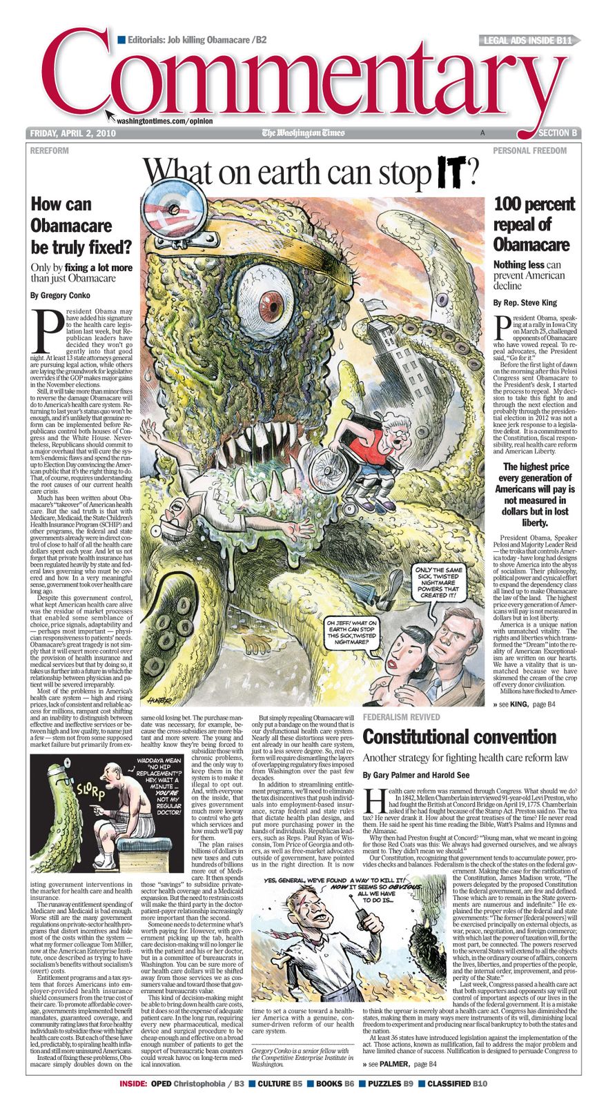 A Washington Times&#39; Commentary front page from April 2, 2010, featuring a cartoon from Alex Hunter.