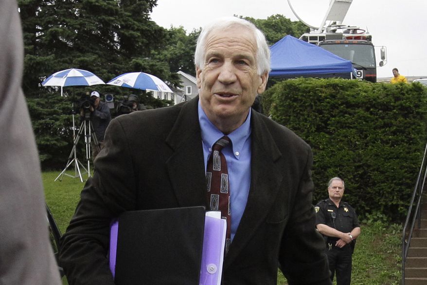 Former Penn State assistant football coach Jerry Sandusky arrives at the Centre County Courthouse in Bellefonte, Pa., on Monday, June 18, 2012. (AP Photo/Gene J. Puskar)