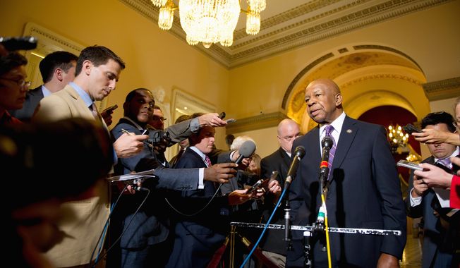 Rep. Elijah Cummings (Md.), the ranking Democrat on the House Oversight and Government Reform Committee, speaks to the media about the results of the meeting with the attorney general on Tuesday. (Andrew Harnik/The Washington Times)