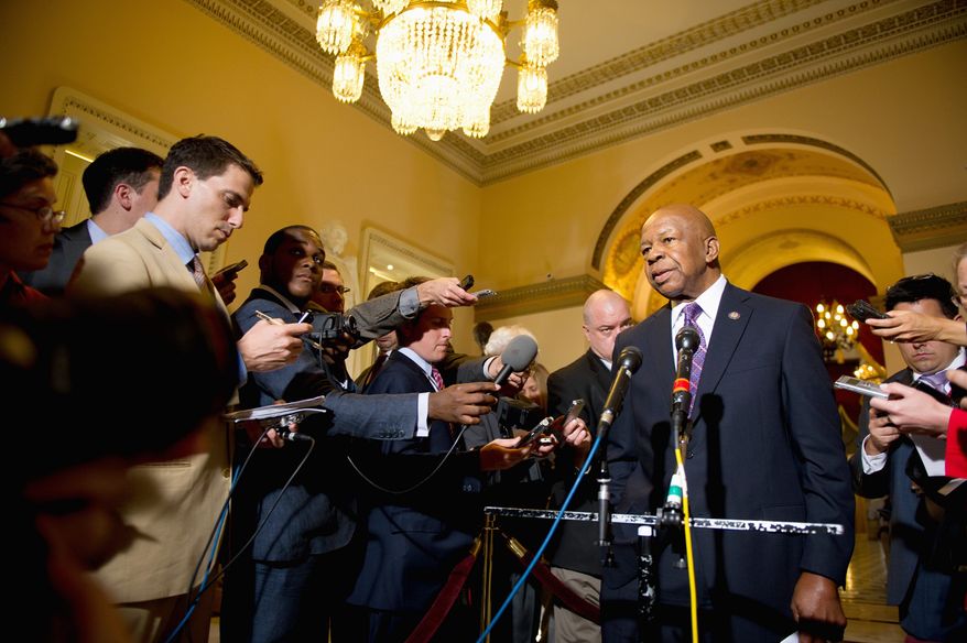 Rep. Elijah Cummings (Md.), the ranking Democrat on the House Oversight and Government Reform Committee, speaks to the media about the results of the meeting with the attorney general on Tuesday. (Andrew Harnik/The Washington Times)