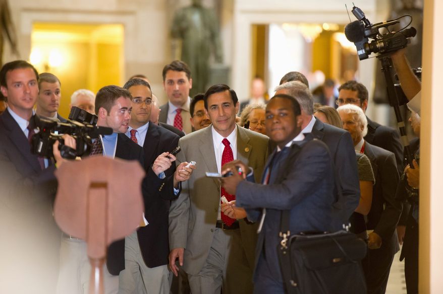 Rep. Darrell E. Issa, chairman of the House Oversight and Government Reform Committee, (center) is plannning to move ahead with action to hold U.S. Attorney General Eric H. Holder Jr. in contempt over providing requested documents on the Fast and Furious gunrunning investigation. (Andrew Harnik/The Washington Times)