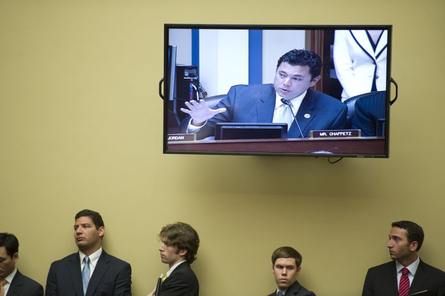"It's not about Eric Holder. It's about the Department of Justice and justice," said Rep. Jason Chaffetz, Utah Republican, during a June 20, 2012, Committee on Oversight and Government Reform markup at the Rayburn House Office Building on Capitol Hill to vote on whether or not to hold Attorney General Eric H. Holder Jr. in contempt for his failure to produce documents in the "Fast and Furious" gun-tracking case. (Barbara L. Salisbury/The Washington Times)