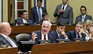 Rep. Pat Meehan (second from left), Pennsylvania Republican, calls June 20, 2012, on Capitol Hill for the release of additional Justice Department documents as the House Oversight and Government Reform Committee considers whether to hold Attorney General Eric Holder in contempt of Congress. (Associated Press)