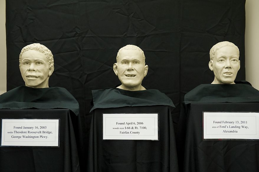 These are three facial approximations of unidentified male remains that were found in Northern Virginia between 2003 and 2011. They were unveiled Thursday, June 21, 2012 at the office of the chief medical examiner in Manassas, Va. in an effort to get the public's help in identifying them. There are currently some 220 unidentified remains in Virginia, and statistically one in three of those is a result of homicide. (Barbara L. Salisbury/The Washington Times)