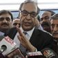 Makhdoom Shahabuddin (center), nominated prime minister by the ruling Pakistan People&#x27;s party, speaks to reporters June 21, 2012, after filing his candidacy paper at the Parliament in Islamabad, Pakistan. (Associated Press)