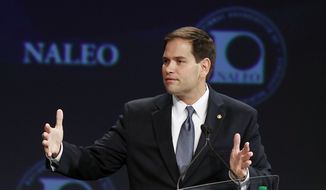 Sen. Marco Rubio, Florida Republican, speaks June 22, 2012, at the NALEO (National Association of Latino Elected and Appointed Officials) conference in Lake Buena Vista, Fla. (Associated Press)