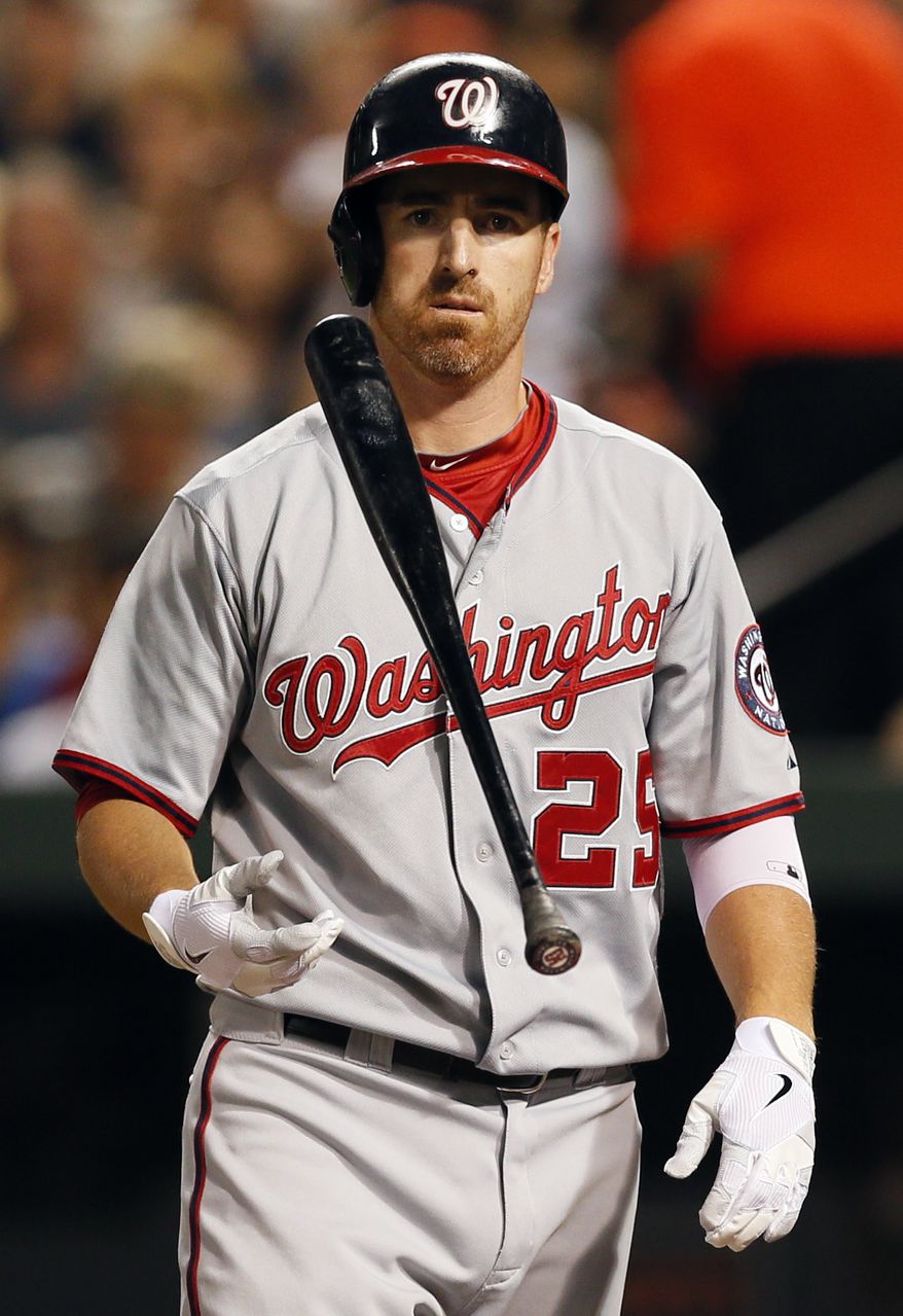 Washington Nationals' Adam LaRoche tosses his bat after one of his two strikeouts against the Baltimore Orioles in Baltimore on Friday, June 22, 2012. The first baseman went 0-for-4 as the Nats lost 2-1. (AP Photo/Patrick Semansky)