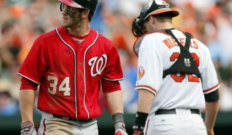 Washington Nationals&#39; Bryce Harper walks off the field after striking out swinging in the eighth inning of an interleague baseball game against the Baltimore Orioles in Baltimore, Sunday, June 24, 2012. Baltimore won 2-1. (AP Photo/Patrick Semansky)