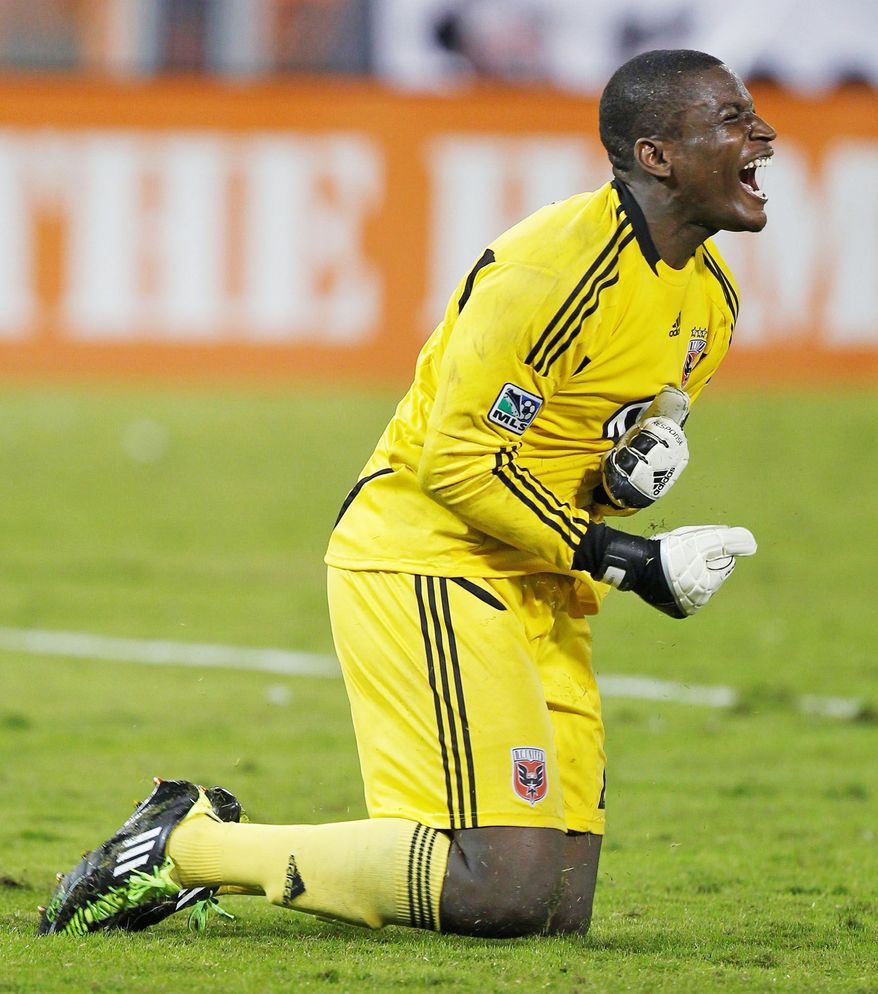 D.C. United goalkeeper Bill Hamid reacts at the end of an MLS soccer game against Portland Timbers, Wednesday, Oct. 19, 2011, in Washington. The game ended in a 1-1 tie. (AP Photo/Luis M. Alvarez)