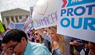 **FILE** Supporters of President Obama&#39;s health care law celebrate June 28, 2012, outside the Supreme Court after the court&#39;s ruling was announced. A narrow 5-4 majority led by Chief Justice G. Roberts Jr. upheld the controversial 2010 law. (Associated Press)