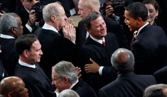 President Obama, greeting Chief Justice John G. Roberts Jr. before delivering his the State of the Union address, as a member of the Senate in 2005 voted against confirming the justice who would deliver the decisive vote in favor of his health care act. (Associated Press)