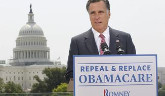With the U.S. Capitol in the background, Republican presidential candidate and former Massachusetts Gov. Mitt Romney speaks about the Supreme Court&#39;s health care ruling on June 28, 2012. (Associated Press)