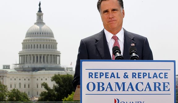 With the Capitol in the background, Republican presidential candidate, former Massachusetts Gov. Mitt Romney speaks about the Supreme Court&#39;s health care ruling, Thursday, June 28, 2012, in Washington. (AP Photo/Charles Dharapak)