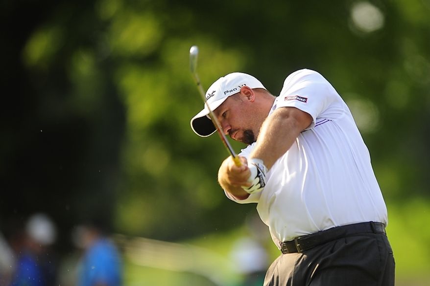 Brendon de Jonge tees off on the tenth hole at Congressional Country Club during third round play of the AT&T National golf tournament, Bethesda, Md., Saturday, June 30, 2012. (Ryan M.L. Young/The Washington Times)