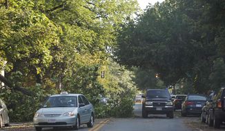A fallen tree blocks one lane of traffic on 13th Street NW in the Logan Circle neighborhood of Washington, Saturday, June 30, 2012. Violent evening storms following a day of triple-digit temperatures wiped out power to more than 2 million people across the eastern United States. (AP Photo/Pablo Martinez Monsivais)