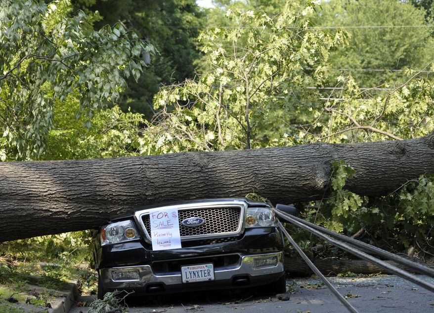 Mike Wolfe's pickup truck lies under a fallen tree in front of his house after a severe storm in Falls Church, Va., Saturday, June 30, 2012. Wolfe's daughter created the "for sale" sign as a joke. (AP Photo/Cliff Owen)