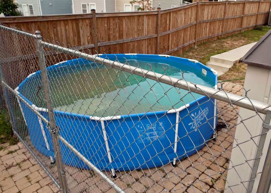 An aboveground pool sits full in a backyard Monday in the 300 block of 55th Street Northeast. A D.C. firefighting crew went out of service Saturday for about a hour to fill the pool at a private residence during a day of post-storm emergency calls. (Raymond Thompson/The Washington Times)