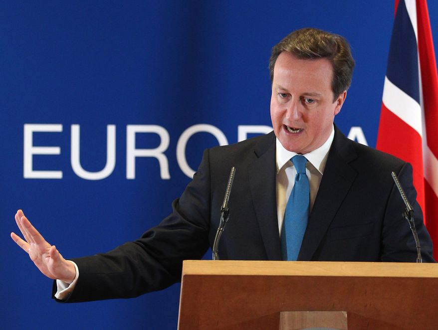 **FILE** British Prime Minister David Cameron speaks March 2, 2012, during a media conference after an EU summit in Brussels. (Associated Press)