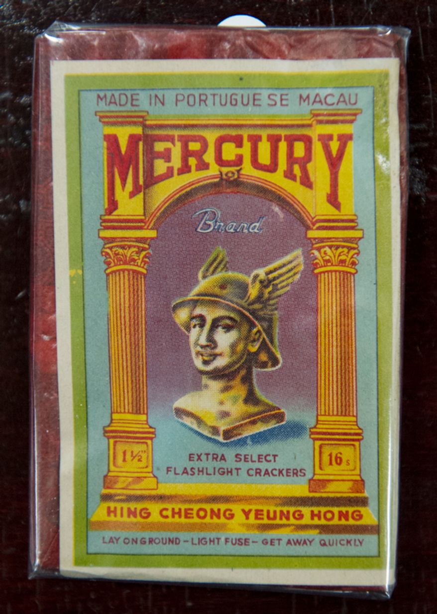 A pack of Mercury brand firecrackers, seen during an antique fireworks auction from the collection of George Moyer. The Moyer collection includes fireworks made in the United States, China, Macau, England, India and Canada. Some of the earliest items are Chinese black-powder firecrackers from the early 1800's. (Rod Lamkey Jr./The Washington Times)